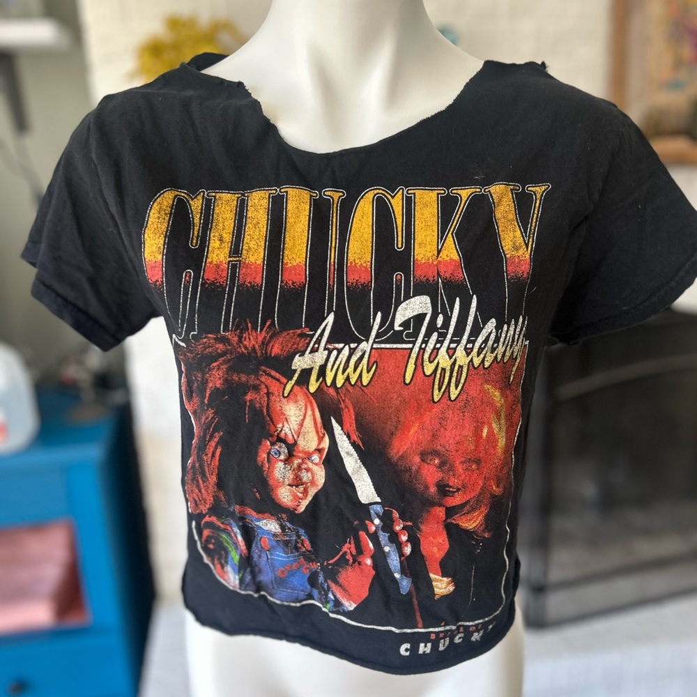 Chucky and Tiffany, black baby tee, cropped with collar cut out. Medium